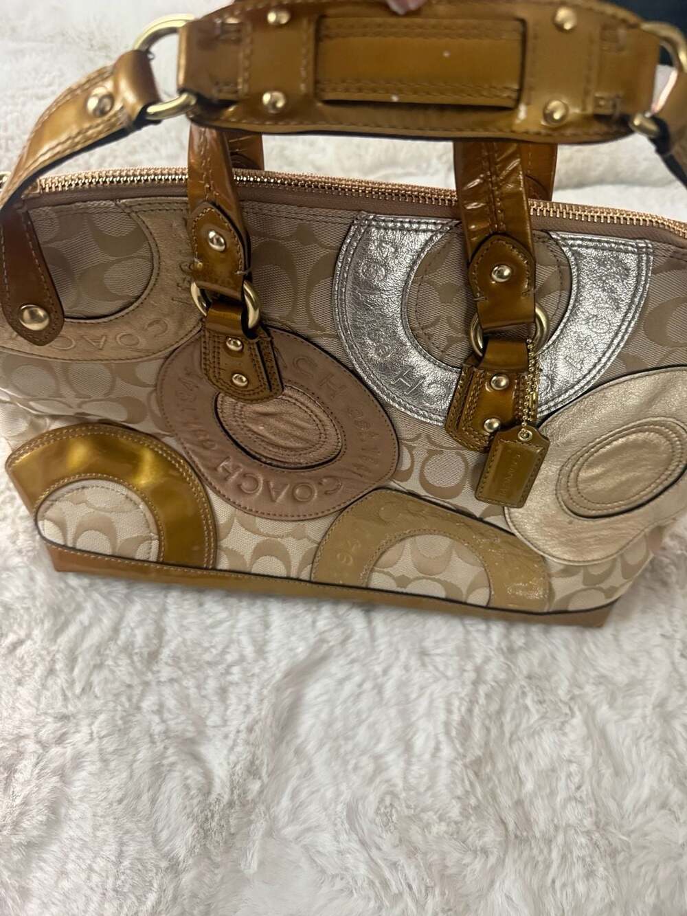 Coach Ashley Patchwork Metallic Signature Jacquard Satchel F15474